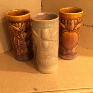Vintage Set Of 3 Ceramic Tiki Mugs Glass Barware Libbey Mug Pottery Brown