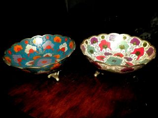 2 Vintage Antique Brass Enamel Designs Footed Bowls Different Colors A