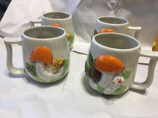 Vintage Arnels Mushroom Set Of 4 Coffee Cups Mugs Hand Painted Marked