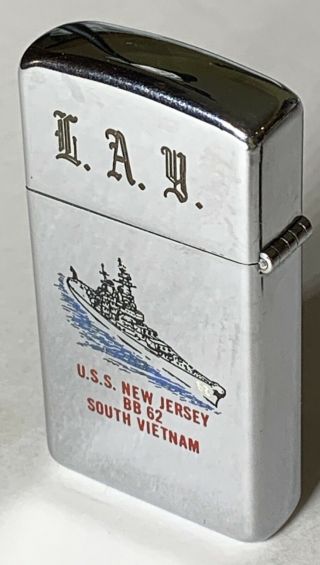 1968 Slim Zippo Lighter USS Jersey T&C South Vietnam - 2 sided 2