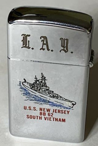 1968 Slim Zippo Lighter USS Jersey T&C South Vietnam - 2 sided 4