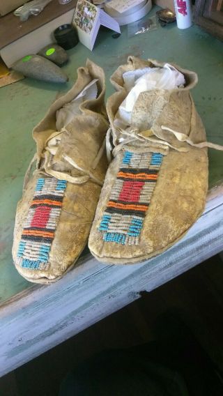 Older Pair Native American Cheyenne Indian Bead Decorated 10 Inches Moccasins