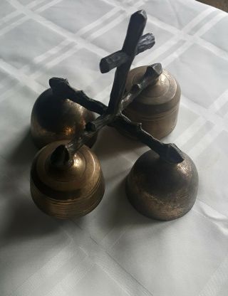 Rare Antique Cross Handle Church Altar Sanctus Sacristy Four Heavy Brass Bells