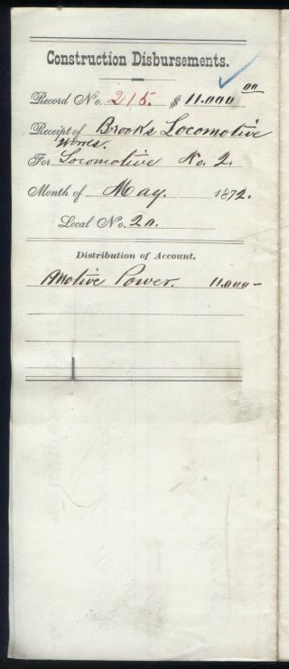 1872 Lake Shore & Tuscarawas Valley Railway Disbursement Brooks Locomotive