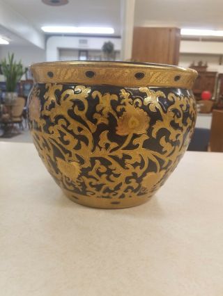 Ebony Black Gold Lotus Satsuma Fishbowl Vase