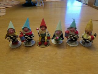 6 Vintage Christmas Pinecone Elves Gnomes Pipe Cleaner Elf Ornaments Figurines