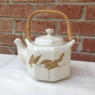 Otagiri Ceramic Teapot With Bamboo Handle Japanese Gold Cranes On White