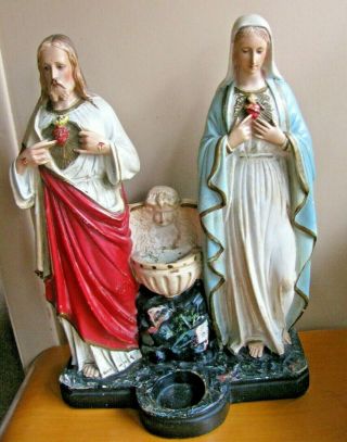 Vintage Sacred Heart Mary Jesus Holy Water Font Chalkware 16 " Catholic