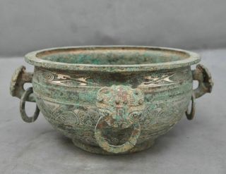 10 " Old China Dynasty Pure Bronze Copper Gilt - Silver Beast Pattern Bowl Pot Crock