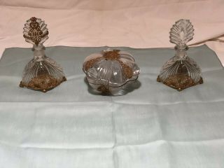 Vintage Cut Glass Perfume Bottles With Stoppers And Powder Box - Brass Brackets