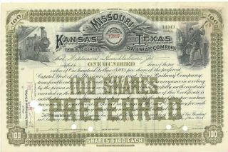 Stk Missouri,  Kansas & Texas Ry 100 Share Preferred 1917 In Olive