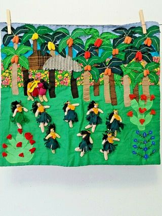 Applique Wall Art Arpillera Hand Made In Peru Tropical Trees Dancers 19x17