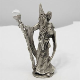 Pewter Standing Wizard With Staff With Crystal,  Owl,  Book Magic Fantasy Statue