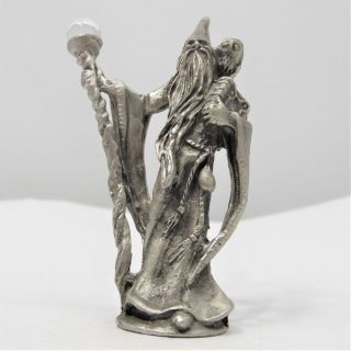Pewter Standing Wizard with Staff with Crystal,  Owl,  Book Magic Fantasy Statue 2