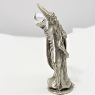 Pewter Standing Wizard with Staff with Crystal,  Owl,  Book Magic Fantasy Statue 3