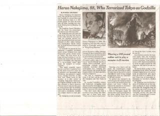 Haruo Nakajima 88 Obituary York Times Wore Godzilla Rubber Suit Japanese