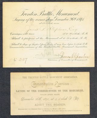 Trenton Battle Monument 1891 Tickets/laying Of Corner - Stone