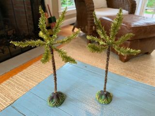 2 Putz Palm Trees Chenille And Composition Germany German Nativity Antique 9 "