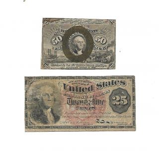 Set Of 2 U.  S.  Fractional Notes: 25 Cents,  50 Cents Notes 1860s Vg,  /avf