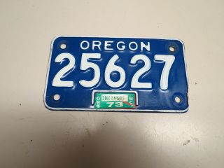 Vintage Oregon Motorcycle License Plate White On Blue 1973