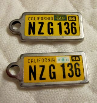 2 - 1956 California Dav Key Chain License Plate Tags Tag Pair W/60 & 62 Stickers