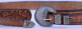 Vintage Southwest Sterling Silver Ranger Buckle 4 Piece Set Embossed Belt Turner
