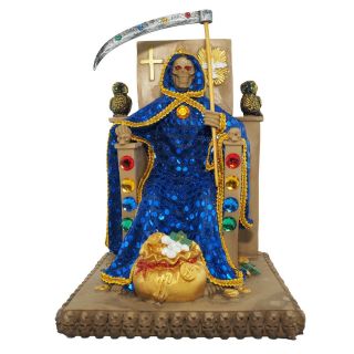 12 " Sentado Throne Blue Azul Santa Muerte With Shining Robe Holy Death Statue