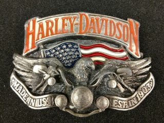 Rare Harley Davidson Belt Buckle " Made In The Usa " Eagle & Usa Flag 1991 Baron