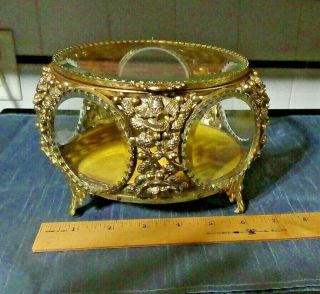 Globe Signed Oromu Brass & Glass Large Casket Jewelry Box 5 Bevelled Sides