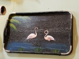 Vtg Mid Century Flamingo Hand Painted Tray Wall Hanging