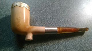 Antique Meerschaum Pipe Rare Cutter Standing With Amber Stem C.  1900