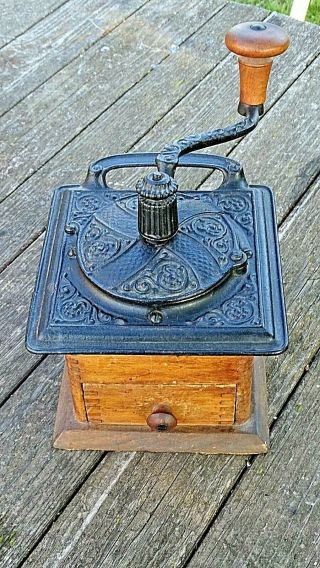 Victorian Antique Primitive Metal Art Coffee Grinder With Wood Box & Drawer 4