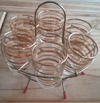 Fab Vintage 50s/60s Shot Glasses X 6 With Gold Rings In Holder Retro Bar Kitch