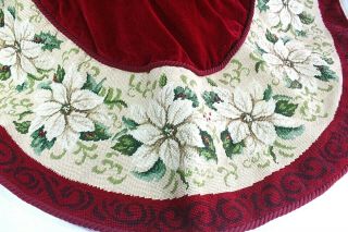 Christmas Tree Skirt Needlepoint 40 " W Red White Cream Poinsettias Velvet