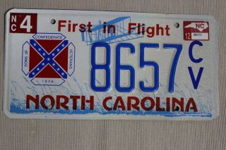 2012 North Carolina Speciality License Plate Nc 8657 Scv Sons Of C.  Veterans Tag