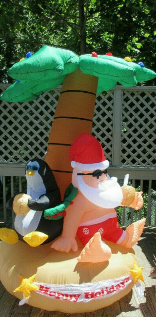 Rare Santa On Vacation Gemmy Christmas Inflatable Lighted Santa / Penguin