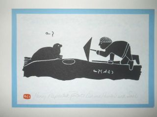 Vintage Henry Napartuk Stone Cut Print Titled " Eskimo Hunter And Seal