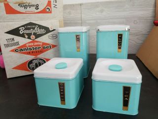 Vintage Mid Century Lincoln Beautyware 4 Canister Set Turquoise Aqua Teal W/box