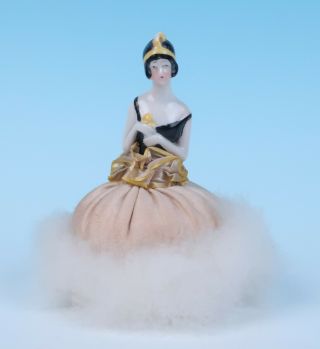 Antique Swans Down Powder Puff Porcelain Half Doll Flapper Figural German Jar