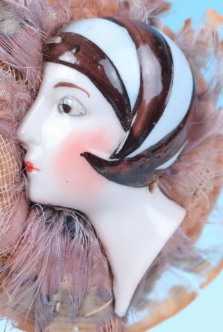 Gorgeous Antique German Art Deco Lady Doll Head Powder Puff Wand Porcelain Half