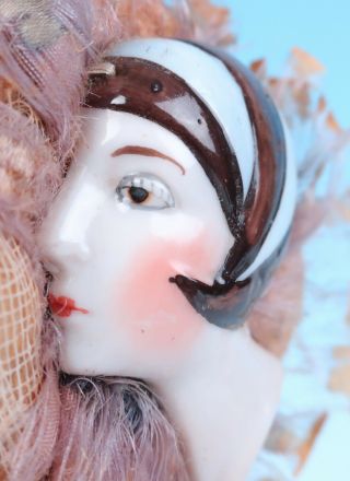 Gorgeous Antique German Art Deco Lady Doll Head Powder Puff Wand Porcelain Half 2