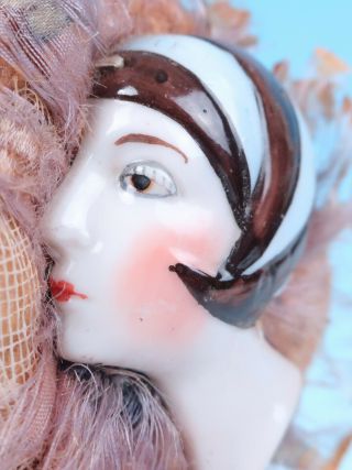 Gorgeous Antique German Art Deco Lady Doll Head Powder Puff Wand Porcelain Half 3