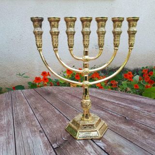 Authentic Temple Menorah Gold Plated Candle Holder Judaica From Jerusalem 11 "