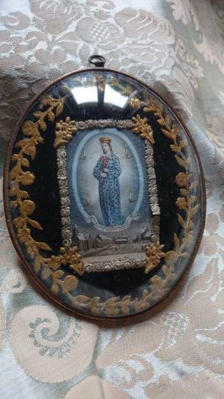 Antique French Religious Icon In Dome Glass Frame C1880