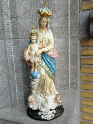 Antique Plaster Our Lady Of Victoires Child Jesus Angels Altar Figure Statue