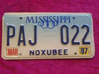 Paj 022 = March 1997 Noxubee County Mississippi License Plate $4.  00 Us