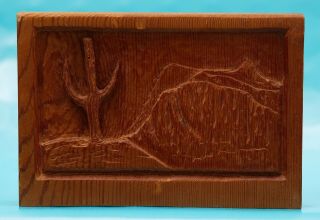 Vintage Mid Century Carved Wood Wall Art - Cactus Superstition Mountains 1967