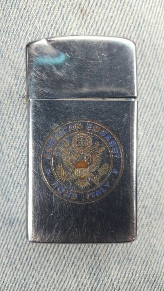 Vintage 1970s Collectible Zippo Slim Lighter,  American Embassy Rome Italy