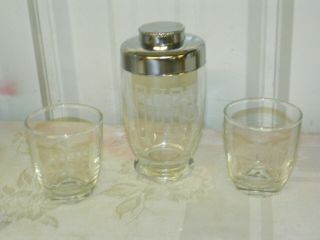 Vintage Art Deco Ours Cocktail Shaker Set Vertical Etched Frosted OURS ME YOU 2