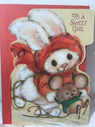Vintage Mary Hamilton Christmas Card For A Sweet Girl Bunny Mouse